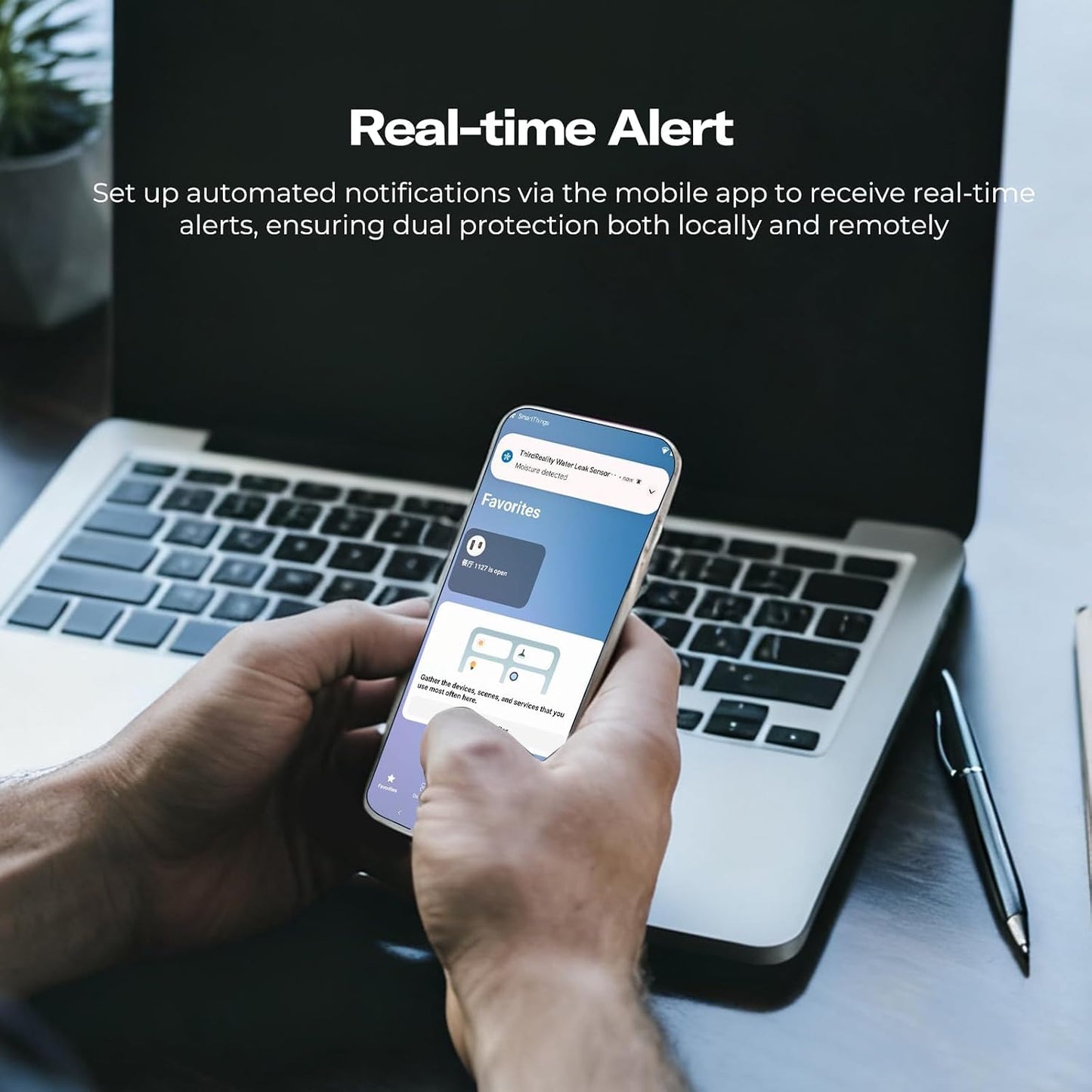 THIRDREALITY Smart Water Leak Sensor KM1, Matter Over WiFi, 1 KM1-controller with 100dB Alarm & 3 Water Detectors, 3-Year Battery Life, No Batteries, Work with Apple Home, Alexa, Home Assistant, Homey