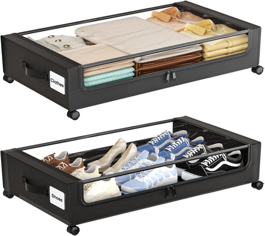 Under Bed Storage with Wheels,XXL 60L Under Bed Storage Containers with Clear Lids, Rolling Under Bed Metal Drawer for Clothes, Shoes,Toys(Gray, 2 Pack)