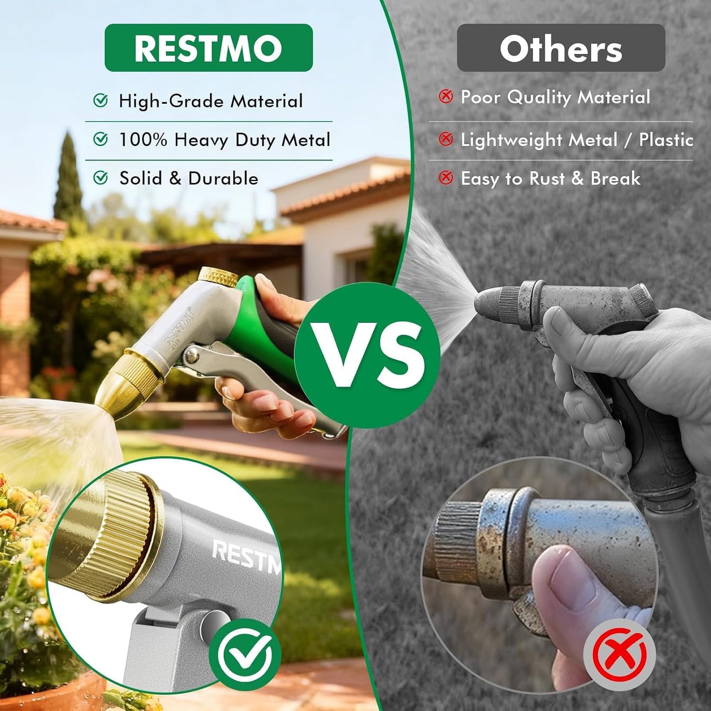 RESTMO Metal Water Hose Nozzle, Heavy Duty Garden Hose Sprayer for Outdoor | Adjustable Brass Spray Head, 4 Watering Patterns, Jet | Mist | Cone | Full, Leak-proof, Ideal for Lawn & Plant & Car, Green