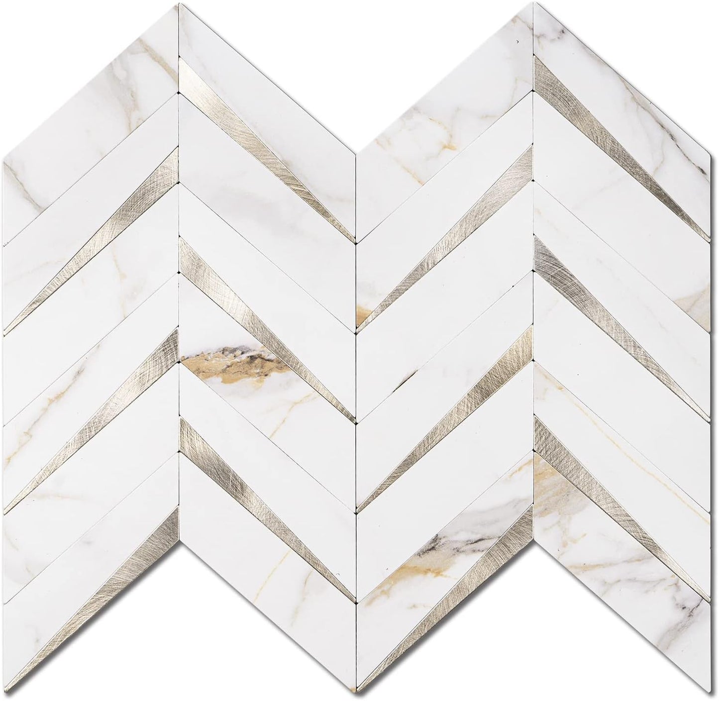 STICKGOO 10-Sheet Herringbone Tile Peel and Stick Backsplash, Beige Mixed Metal Gold PVC Stick on Backsplash, Self Adhesive Wall Tile for Kitchen and Bathroom