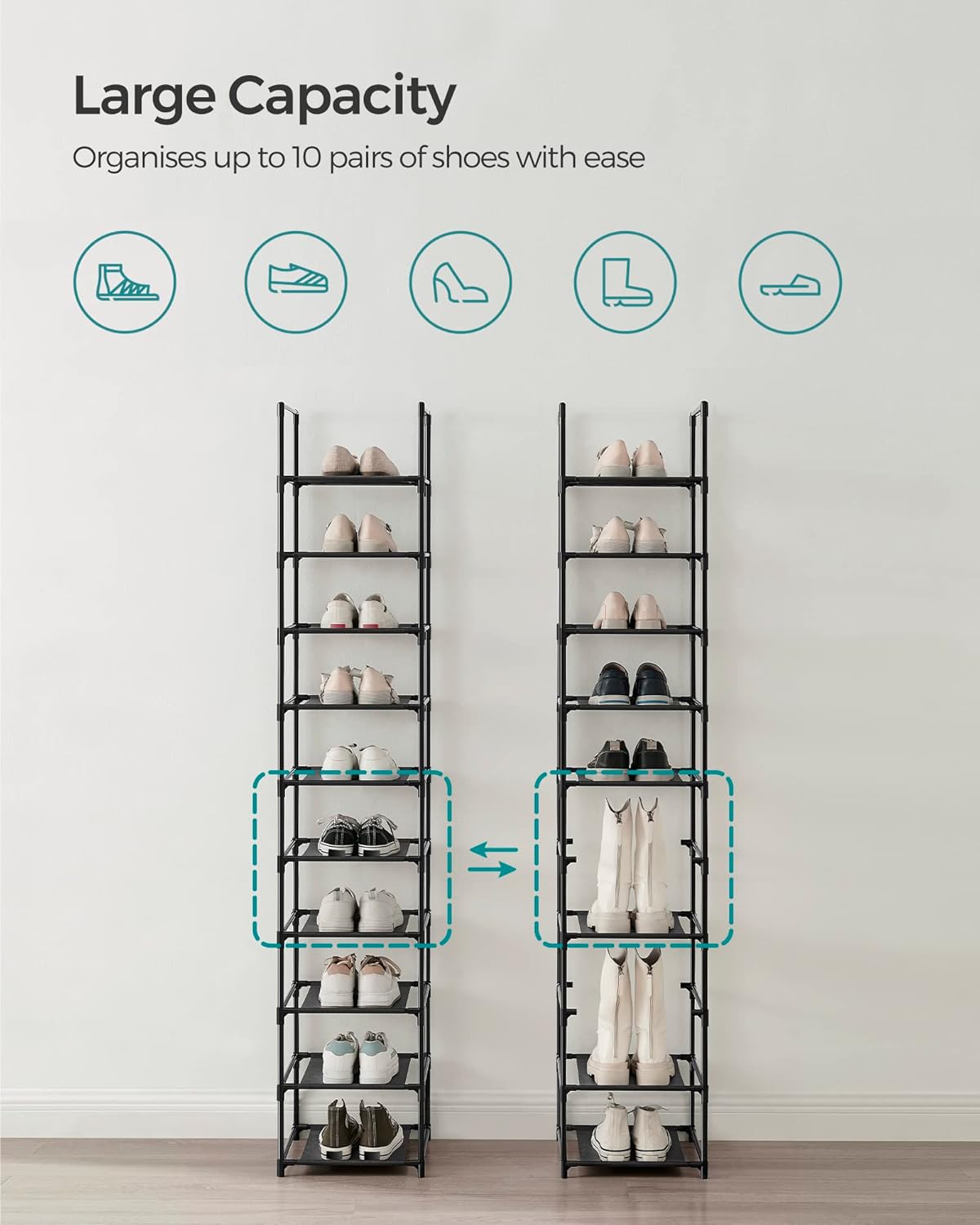 SONGMICS Shoe Rack, 10-Tier Shoe Shelf, Shoe Storage Organizer, 11 x 17.7 x 68 Inches, Metal Frame, Non-Woven Fabric Shelves, for Entryway, Bedroom, Black ULSH010B02