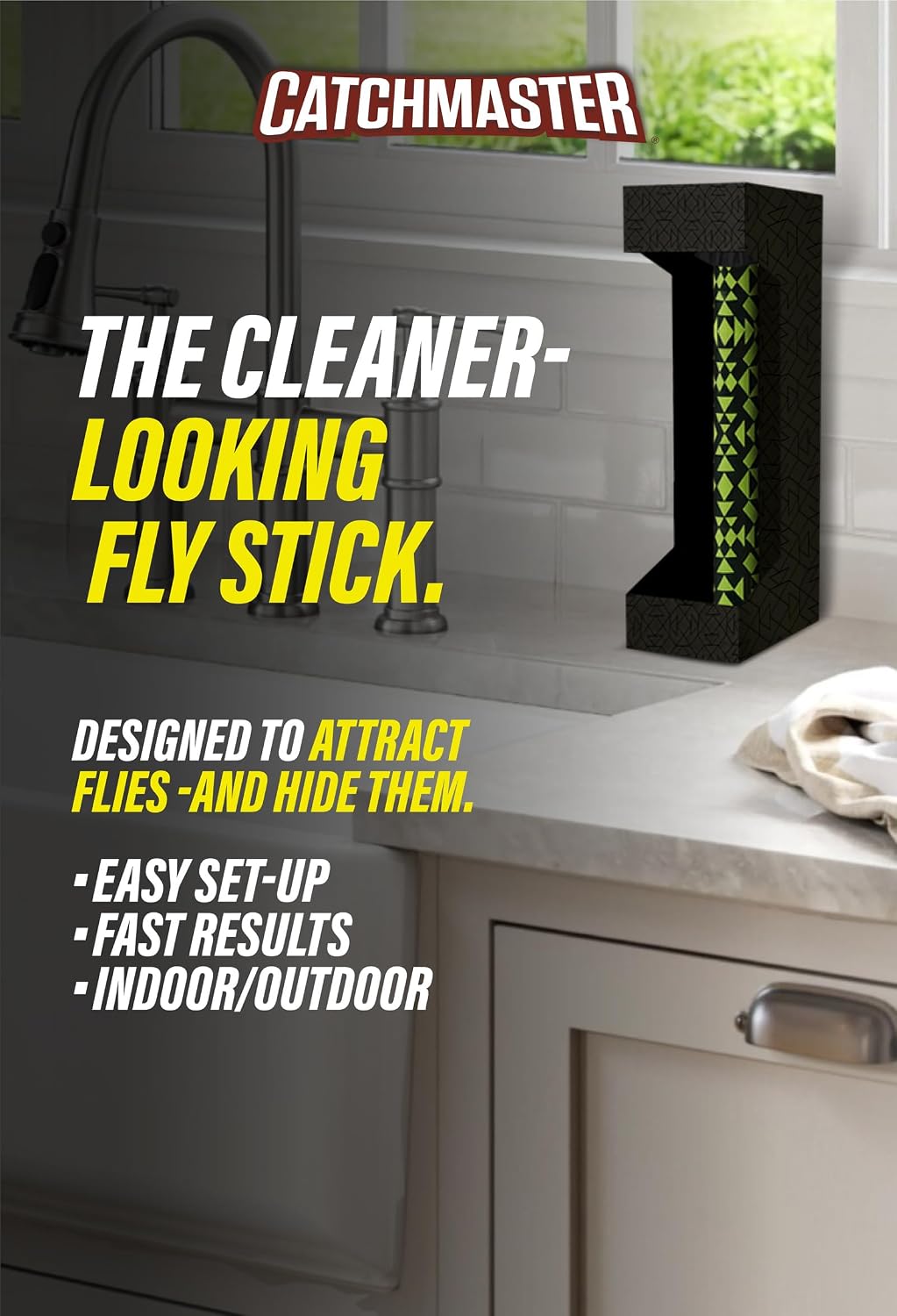 Catchmaster Fly Stick 4-Pack, Sticky Hanging Fly Traps Indoor & Outdoor | High-contrast design attracts and hides flies; Unscented; Captures flies, gnats & insects; Heavy duty glue; Hang or stand