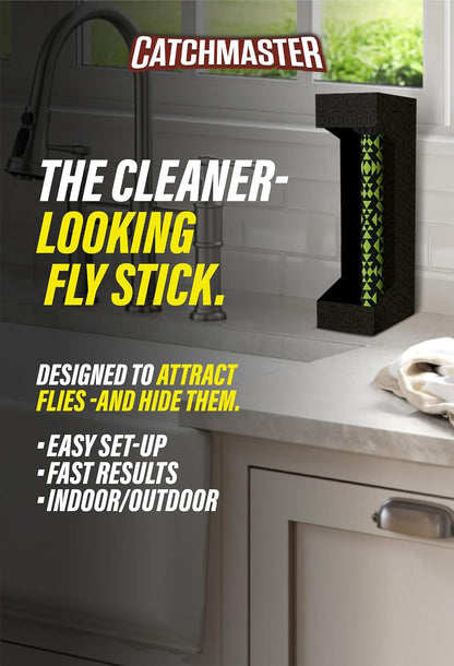 Catchmaster Fly Stick 4-Pack, Sticky Hanging Fly Traps Indoor & Outdoor | High-contrast design attracts and hides flies; Unscented; Captures flies, gnats & insects; Heavy duty glue; Hang or stand