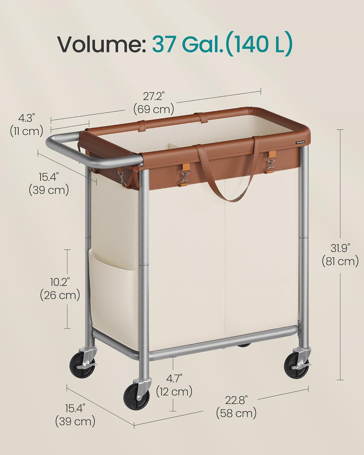 SONGMICS Laundry Basket with Wheels, 3-Section Rolling Laundry Hamper, 52.8 Gallons (200 L), Removable Liner, Steel Frame with Handle, 35.8 x 15.4 x 31.9 Inches, Cream White URLS005W01