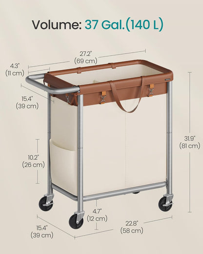 SONGMICS Laundry Basket with Wheels, 3-Section Rolling Laundry Hamper, 52.8 Gallons (200 L), Removable Liner, Steel Frame with Handle, 35.8 x 15.4 x 31.9 Inches, Cream White URLS005W01
