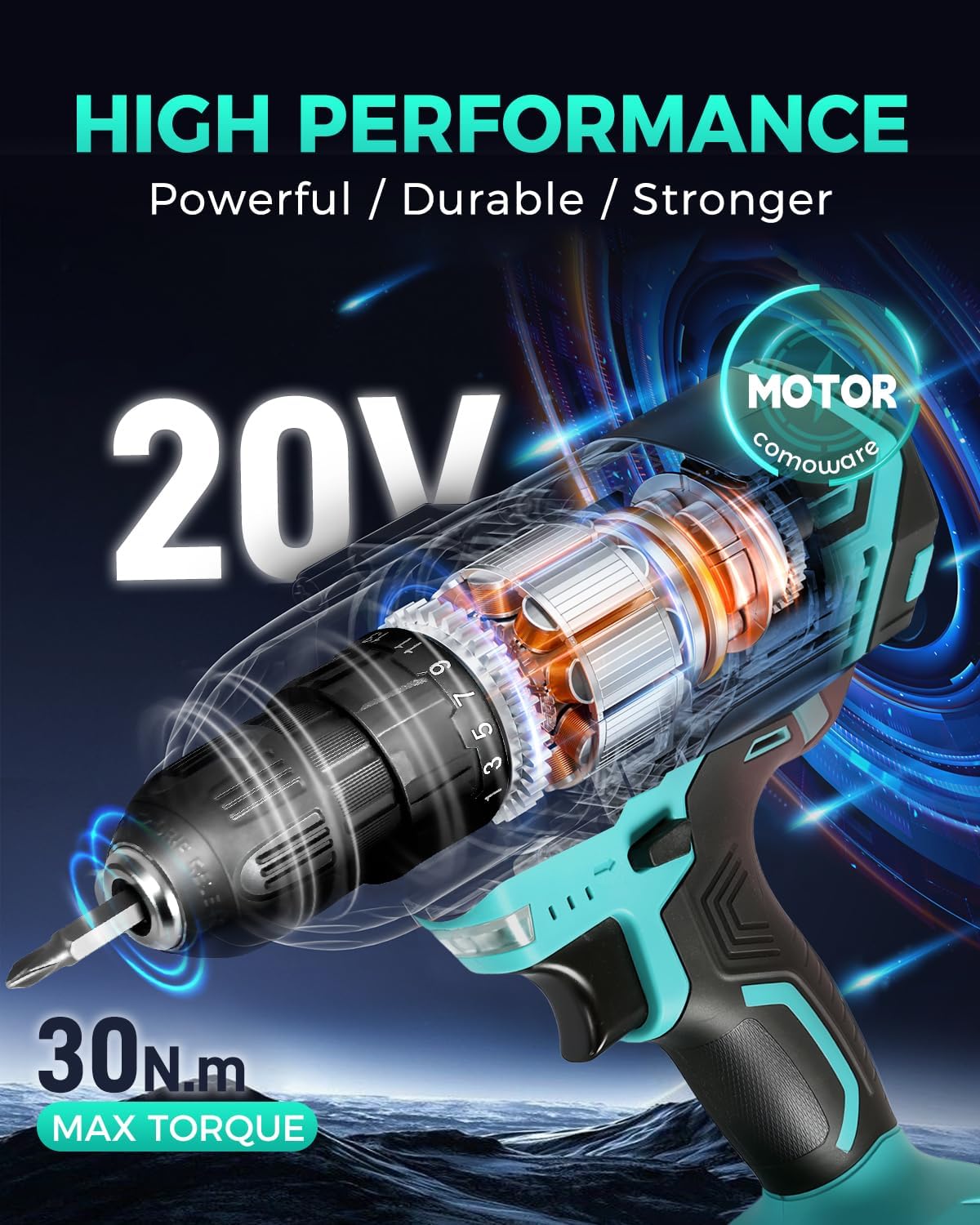 COMOWARE Household Tool Set with 20V Cordless Drill Driver, 120Pcs Hand Tool Kit for Men, Power Drill Set with Plastic Toolbox, Ideal for Office, Garden, DIY Project