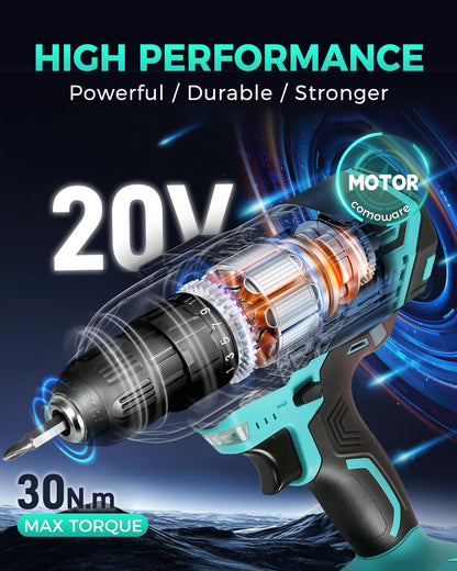 COMOWARE Household Tool Set with 20V Cordless Drill Driver, 120Pcs Hand Tool Kit for Men, Power Drill Set with Plastic Toolbox, Ideal for Office, Garden, DIY Project