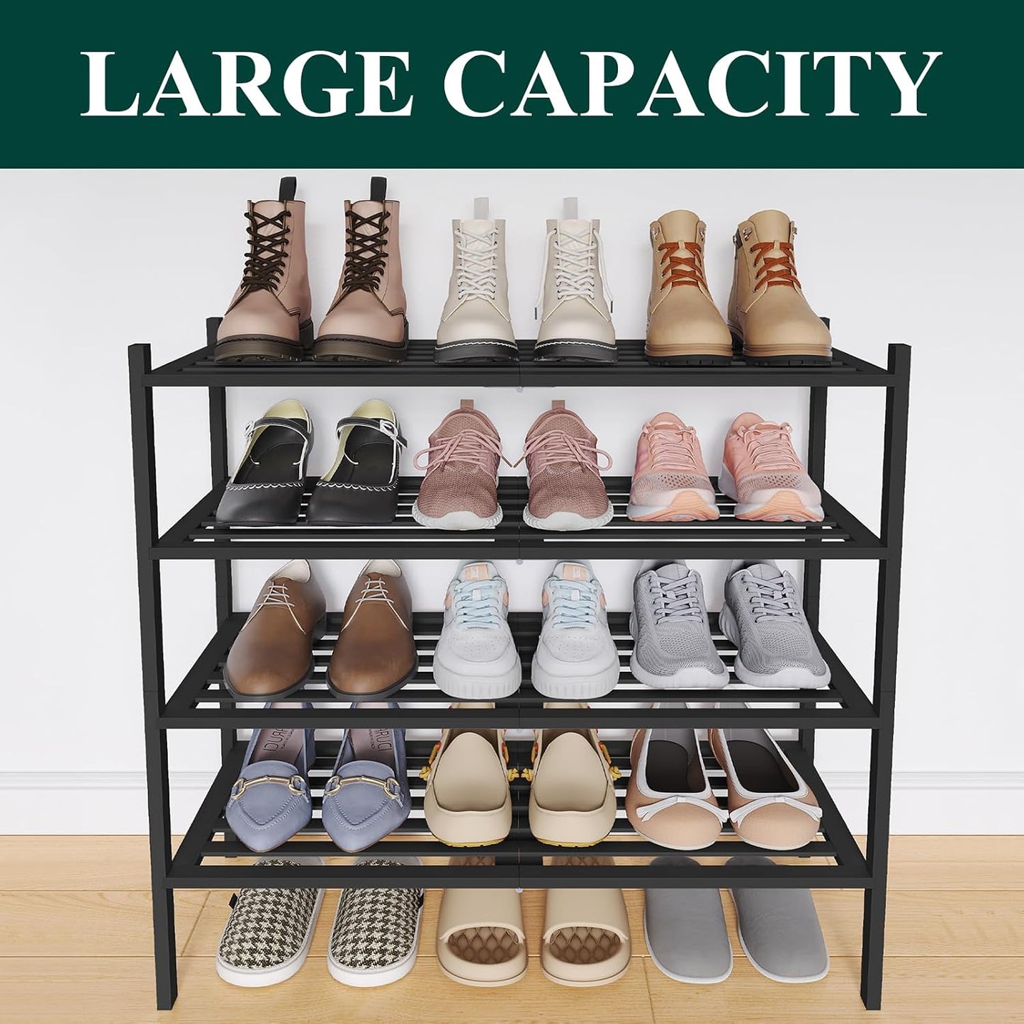 Smiry Bamboo Shoe Rack, 3 Tier Free Standing Wooden Shoe Organizer, Stackable Wood Shoe Storage Shelf for Closet, Entryway, 5 Horizontal Slats, 26.8"x11"x18.3", Natural