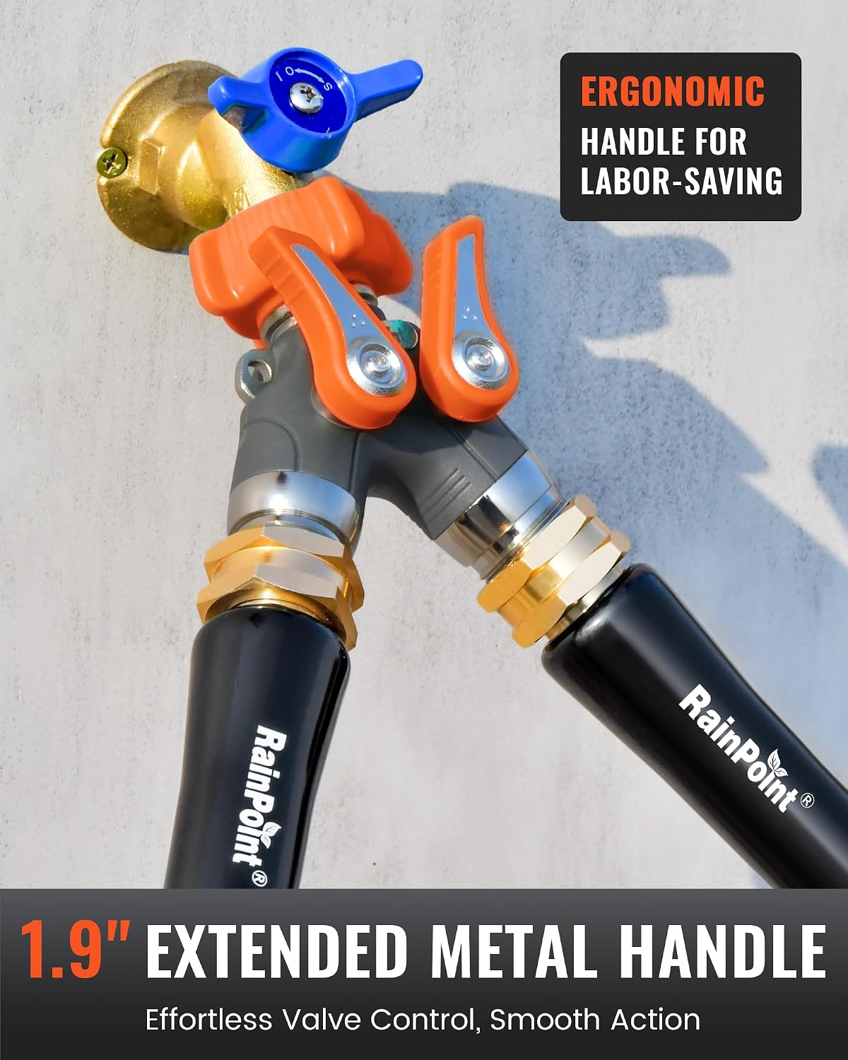 RAINPOINT 2 Way Garden Hose Splitter | Heavy Duty Water Spigot Splitter with Shutoff Valves, 100% Metal Body, 1.9" Extra Long Metal Handle, 3/4" GHT Thread