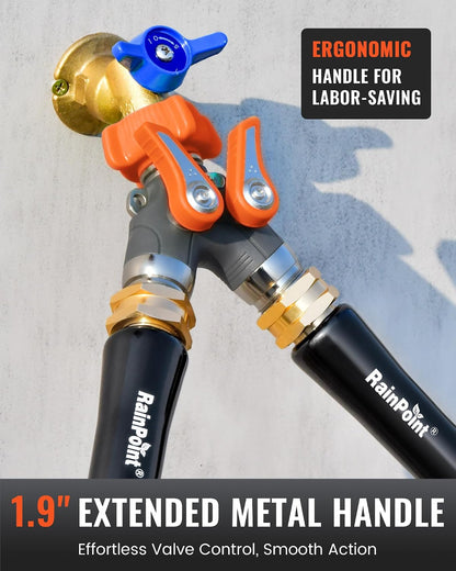 RAINPOINT 2 Way Garden Hose Splitter | Heavy Duty Water Spigot Splitter with Shutoff Valves, 100% Metal Body, 1.9" Extra Long Metal Handle, 3/4" GHT Thread