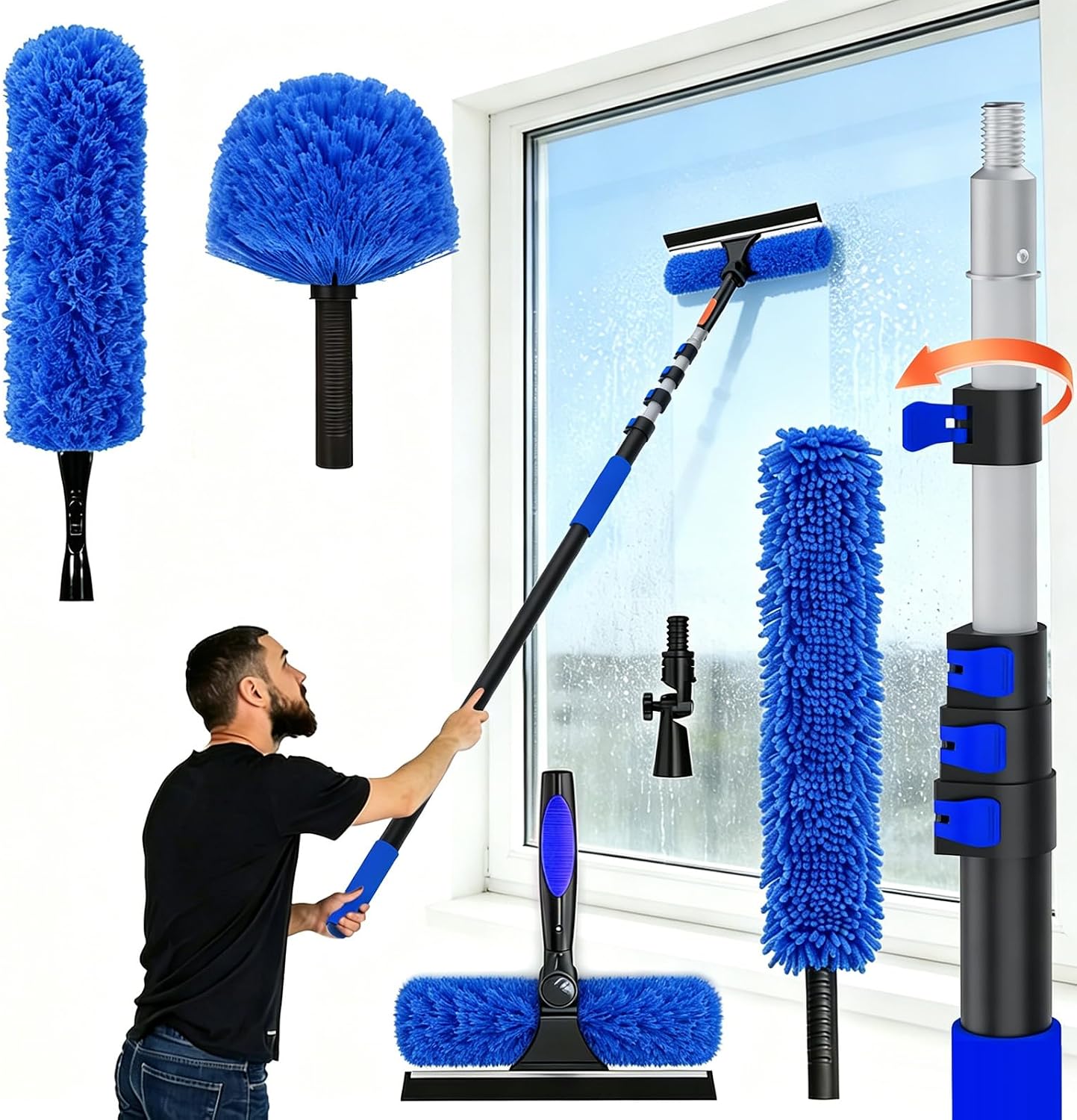 30FT Reach Duster Kit, Window Cleaning with 5-24FT Telescoping Extension Pole, High Ceiling Duster, Microfiber Feather Duster, Cobweb Duster, Window Squeegee, Feather Duster, Extendable Pole Kit