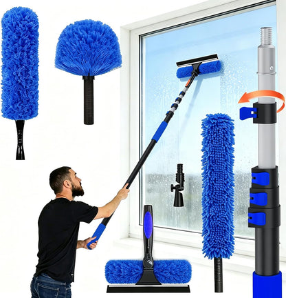 30FT Reach Duster Kit, Window Cleaning with 5-24FT Telescoping Extension Pole, High Ceiling Duster, Microfiber Feather Duster, Cobweb Duster, Window Squeegee, Feather Duster, Extendable Pole Kit