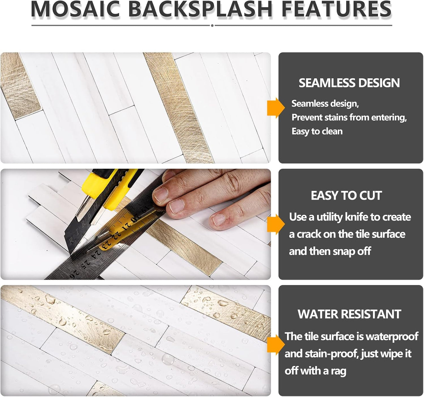 STICKGOO 20 Sheets Peel and Stick Backsplash Tile, Stick on Backsplash for Kitchen and Bathroom, White Sandstone Look PVC Mixed Metal Gold Self Adhesive Wall Tiles
