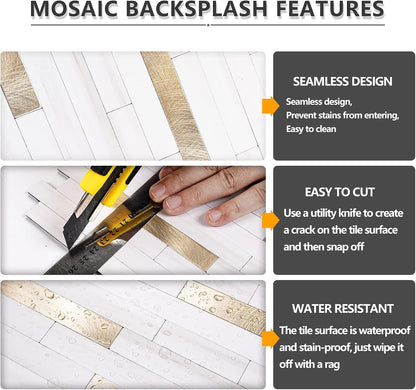 STICKGOO 20 Sheets Peel and Stick Backsplash Tile, Stick on Backsplash for Kitchen and Bathroom, White Sandstone Look PVC Mixed Metal Gold Self Adhesive Wall Tiles