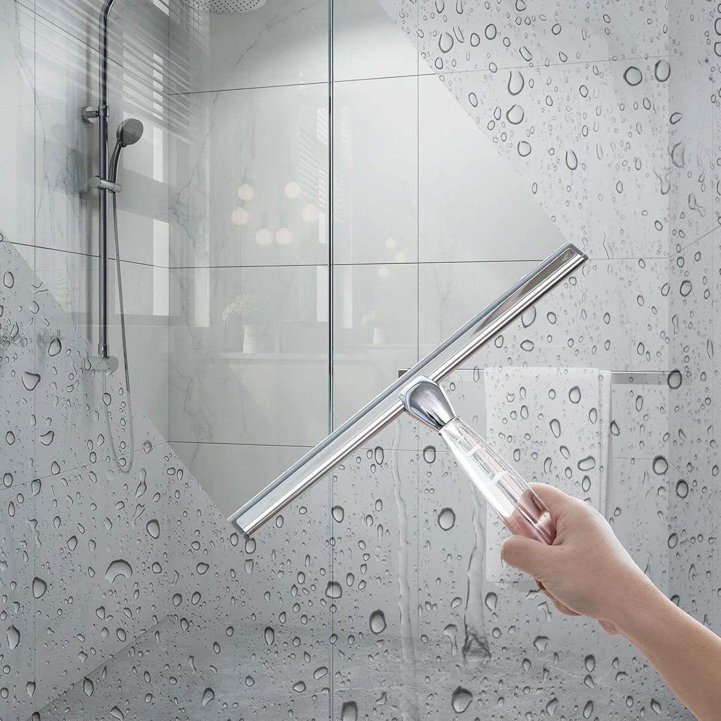 Ettori Shower Squeegee Clear Glass Wall Cleaner Stainless Steel with Suction Storage Hook -10'', Chrome