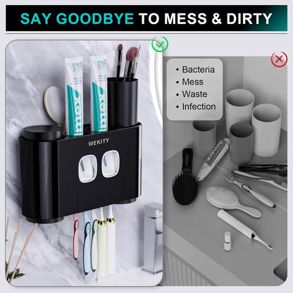 Toothbrush Holder Wall Mounted, WEKITY Multi-Functional Toothbrush and Toothpaste Dispenser for Bathroom, with 5 Toothbrush Slots, 2 Toothpaste Squeezers and 4 Cups(Grey)