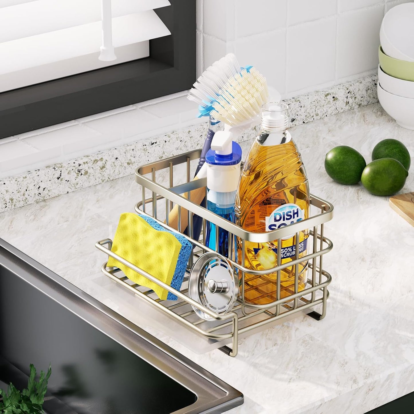 HapiRm Kitchen Sink Organizer, SUS304 Stainless Steel Rustproof Multifunctional Large Sink Caddy with Sponge Holder and Drain Tray for Kitchen Countertop (Silver)