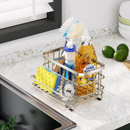 HapiRm Kitchen Sink Organizer, SUS304 Stainless Steel Rustproof Multifunctional Large Sink Caddy with Sponge Holder and Drain Tray for Kitchen Countertop (Silver)