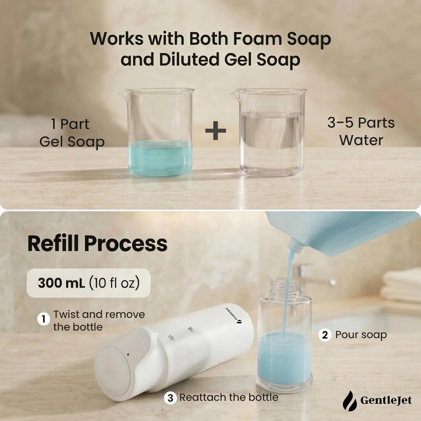 GentleJet CrystalJet Automatic Foam Soap Dispenser – Stainless Steel, Touchless Sensor, USB-C Rechargeable, Waterproof, Modern Bathroom & Kitchen Sink, 300 ml