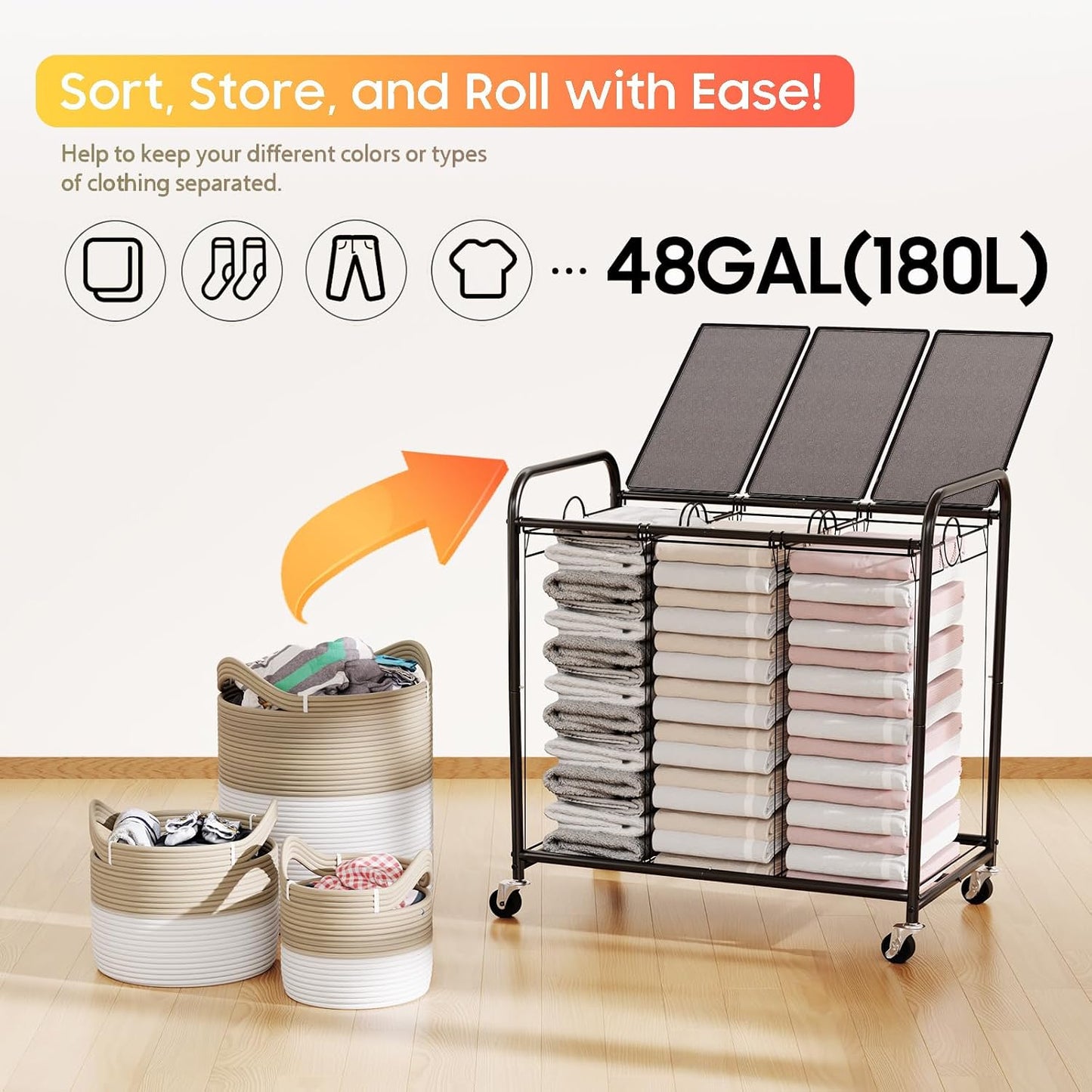 180L (47.55 Gal) Laundry Sorter 3 Section, Rolling Laundry Basket with Lockable Wheels and Lid, Laundry Hamper with 3 Separated Removable Bags Dirty Clothes Hamper for Laundry Room Organizer, Black