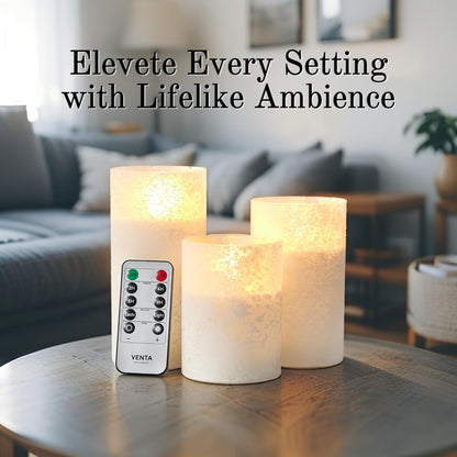 VENTA Set of 3 White Pillar Candles | Real Wax Battery Operated Flickering LED Candles with Remote | Timeless Decor for Farmhouse, Modern & Mantel Displays