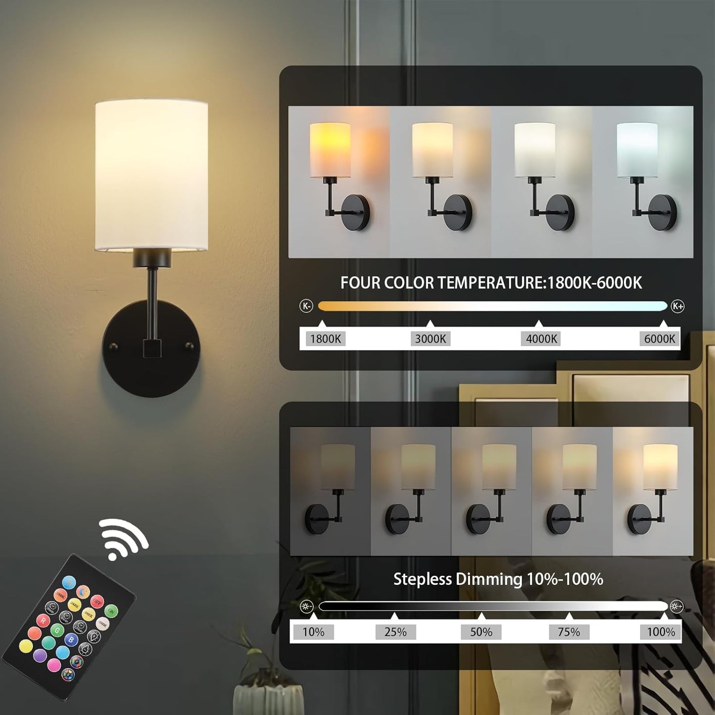 Battery Operated Wall Sconces Set of Two,Wireless Rechargeable Wall Light With Remote Control, Dimmable, Amber Light/Warm White/Natural White/Daylight/RGB, Timer,for Living Room,Bedroom,Entryway,Gold