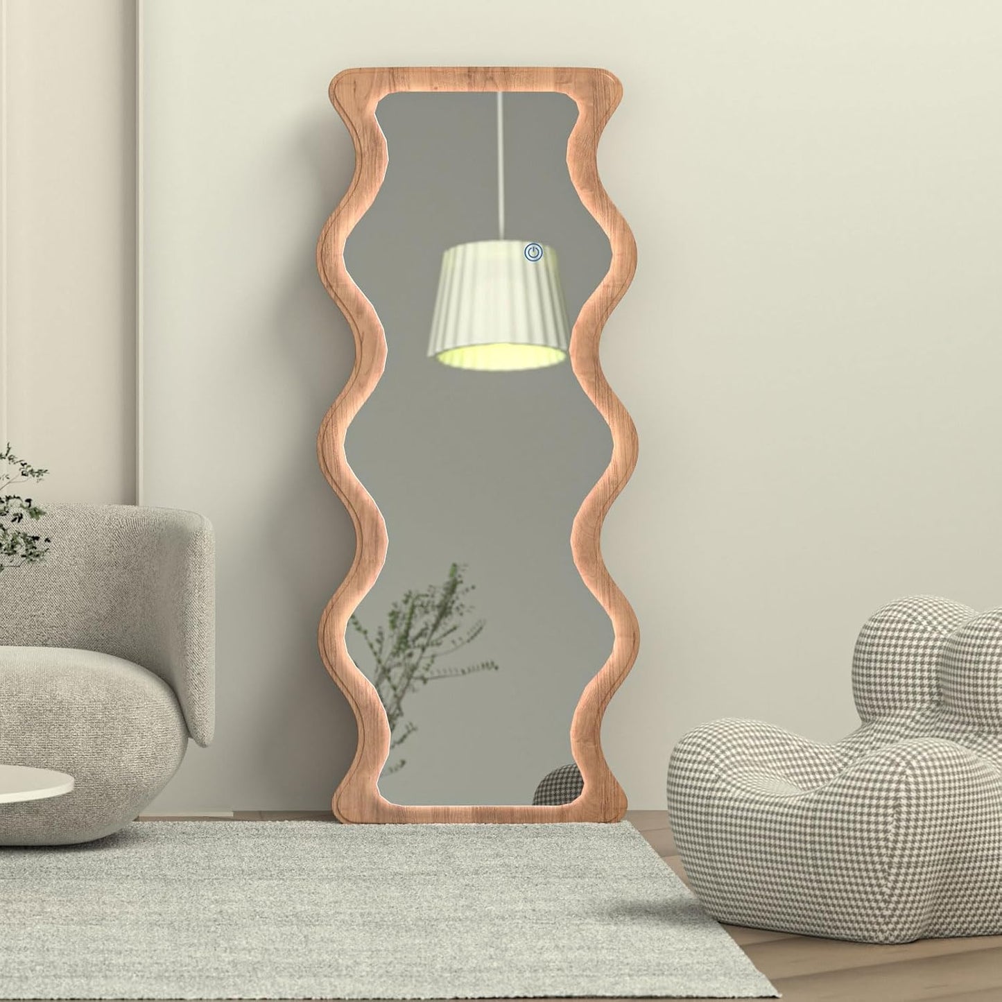 65" x 24" LED Wavy Full Length Mirror Wood Framed Full Body Mirror with Lights,Shatter-Proof Hanging/Leaning Irregular Wall Mirror Wooden Floor Mirror for Dressing Bedroom Living Room