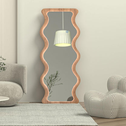 65" x 24" LED Wavy Full Length Mirror Wood Framed Full Body Mirror with Lights,Shatter-Proof Hanging/Leaning Irregular Wall Mirror Wooden Floor Mirror for Dressing Bedroom Living Room