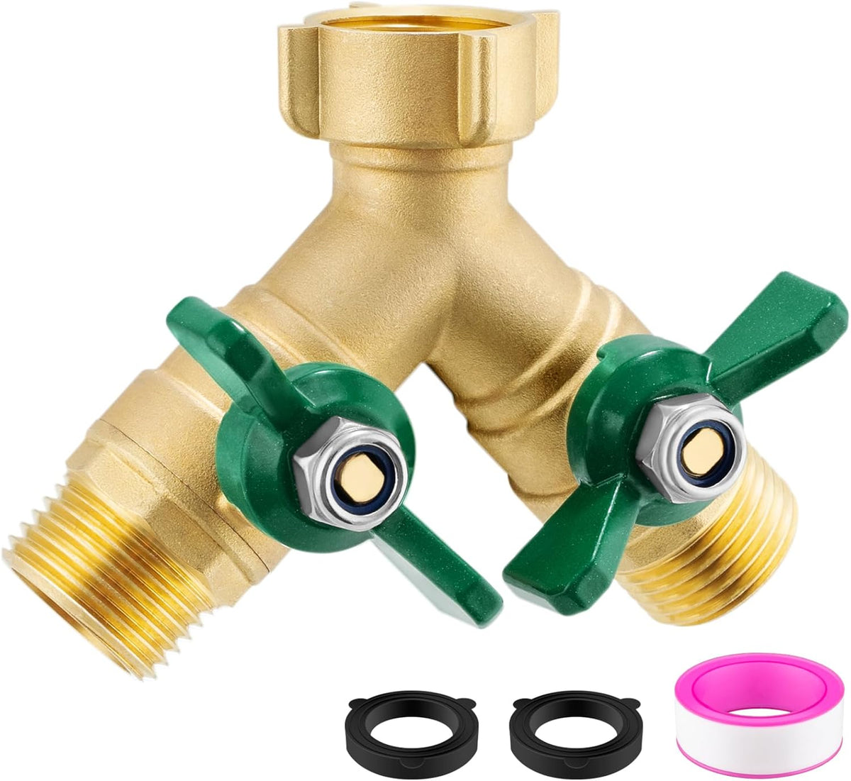 Garden Hose Splitter 2 Way, Heavy Duty Brass Hose Splitter, 3/4" GHT Hose Y Splitter with Shutoff, Full Flow Outdoor Faucet Splitter, Water Hose Y Valve Tap Adapter