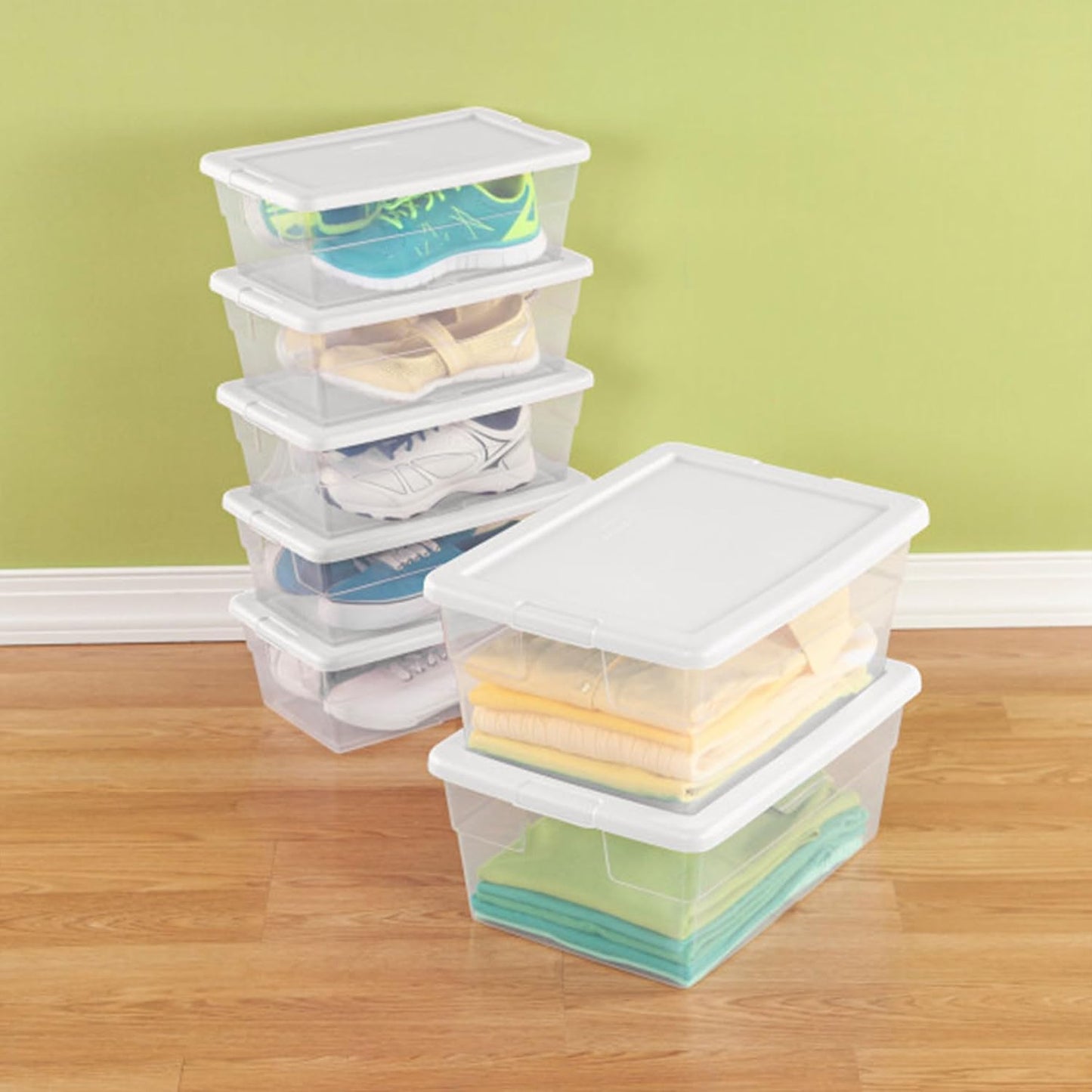 Sterilite 6 Pack Storage Box, 41 Quart Stackable Tote, Clear Plastic Container with Secure Snapping White Lids for Home and Office Organization