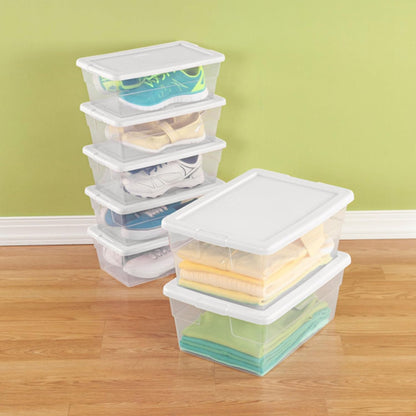 Sterilite 6 Pack Storage Box, 41 Quart Stackable Tote, Clear Plastic Container with Secure Snapping White Lids for Home and Office Organization
