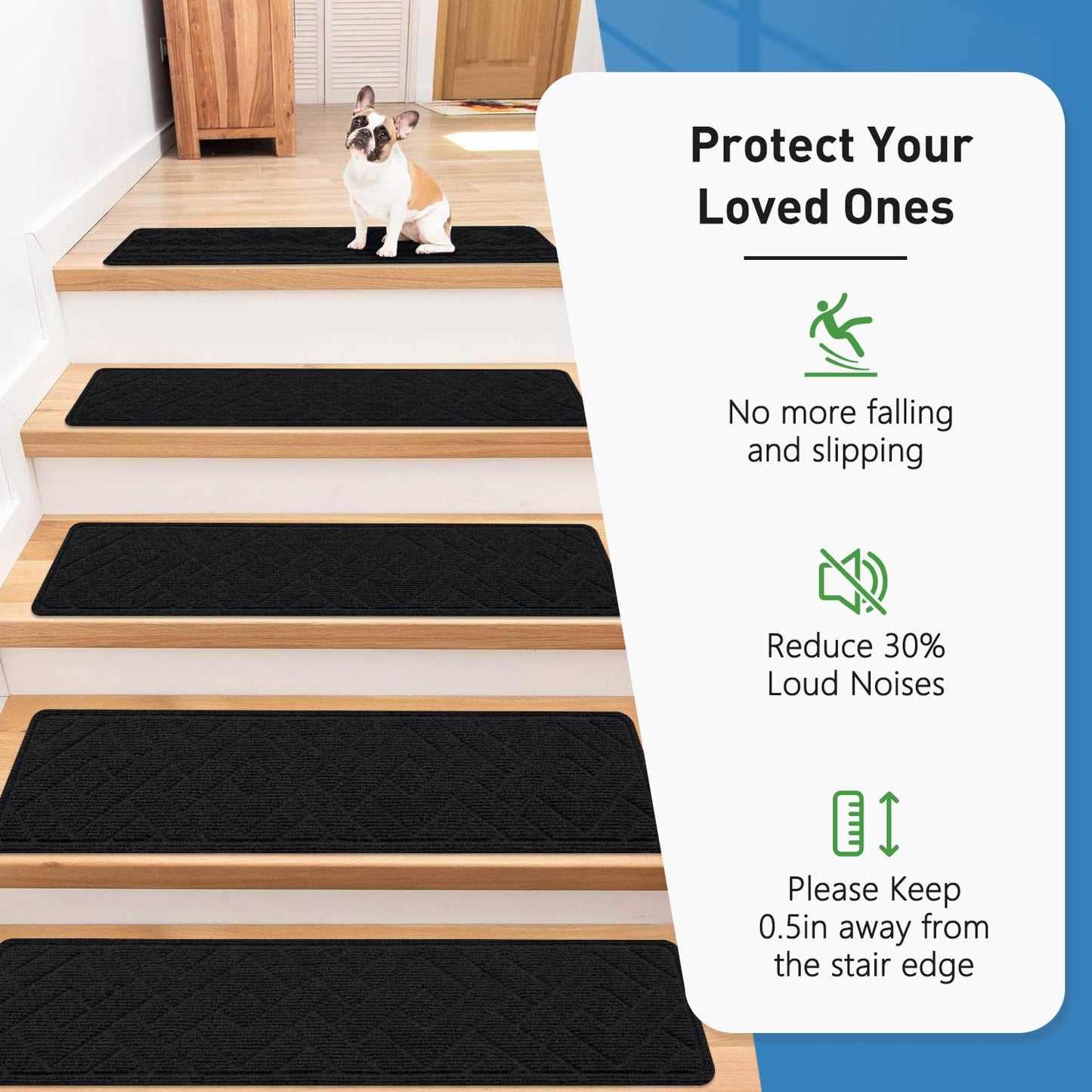 Non Slip Stair Treads for Wooden Steps,15 Pack 8" X 30" Stairs Carpet Treads Indoor with Reusable Peel and Stick Adhesive for Kids Elders and Pets
