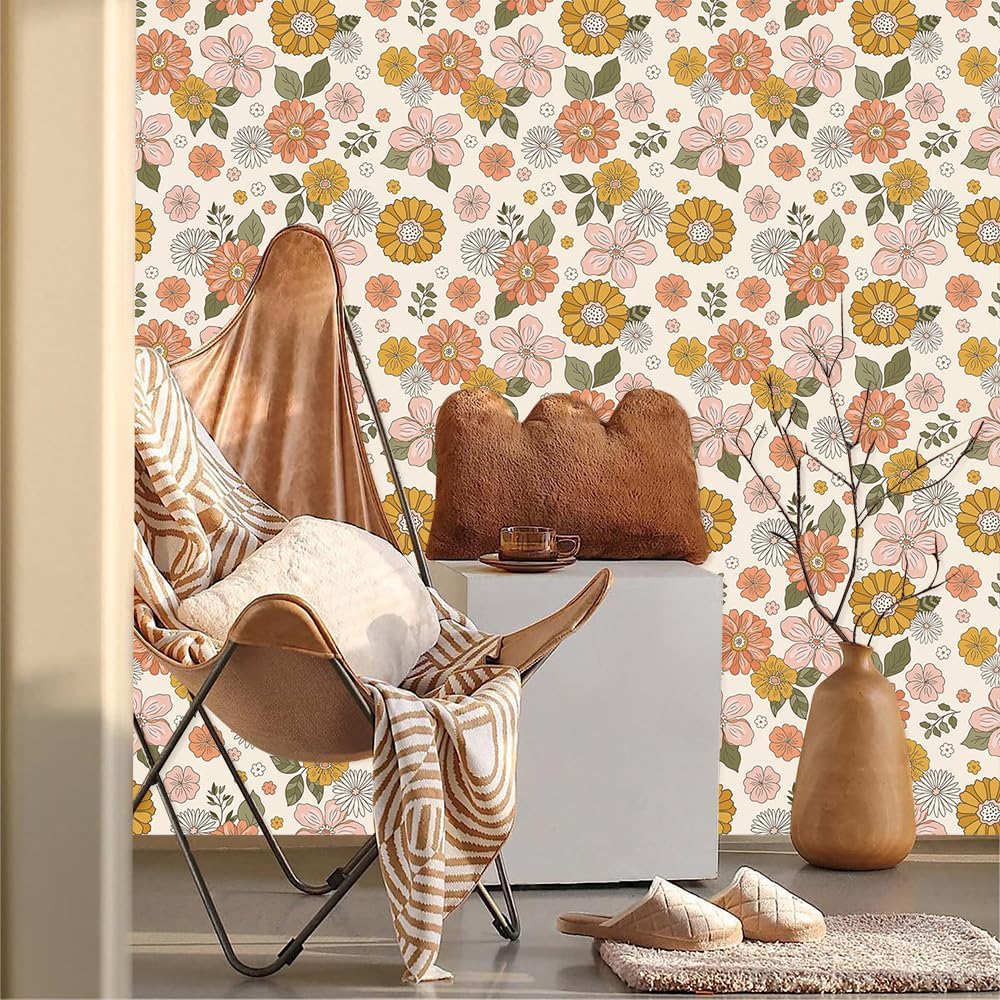 MuralPeel Dark Blue/Yellow Leaf Floral Peel and Stick Wallpaper Vintage Easy Peel Off Self Adhesive Removable Stick on Wall Paper for Kitchen Cabinet Renter Friendly