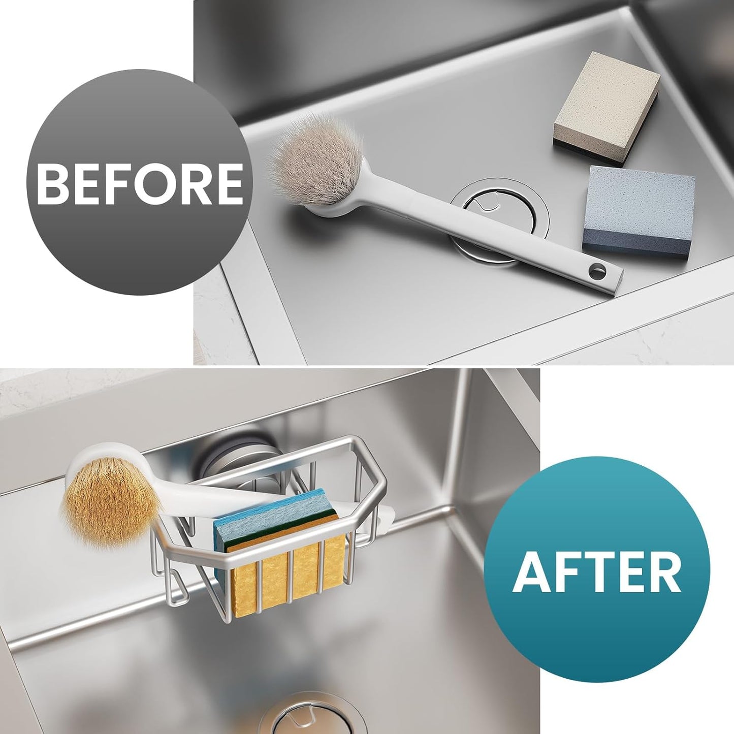 TAILI Sponge Holder with Strong Suction Cup, Dish Sponge Caddy Inside Sink Removable, Rustproof Aluminum for Sponges, Brushes, Stoppers and Scrapers - Black
