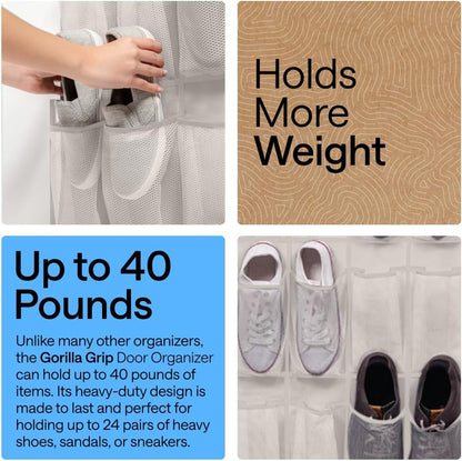 GORILLA GRIP Over the Door Shoe Organizer, 24 Large Breathable Mesh Pockets, Space Saving Hanging Storage Holder, Closet Rack Hanger Holds Up to 40 lbs, Hangs on Closets for Shoes, Accessories, Grey