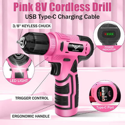 JENABOM Pink 3.6V USB Cordless Electric Screwdriver & Household Tool Kit | Power Screwdriver and Hand Tools in a Compact Box Case for Small Repair and Maintenance- Ideal Housewarming Gift, 112Pcs
