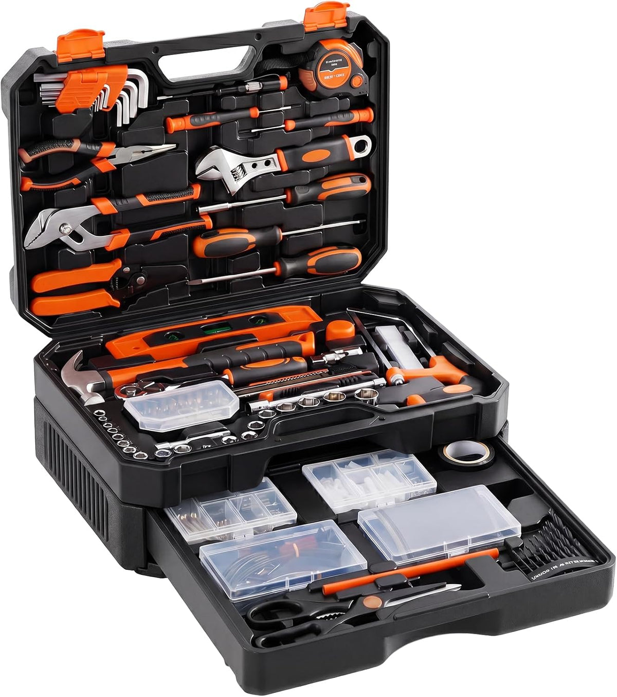 NEWBULIG 330-Piece Complete Tool Box Set, Durable Homeowners Tool Kit with Pull-Out Drawer, Versatile Home Repair Kit for Auto & Household, DIY Projects, Black-Red