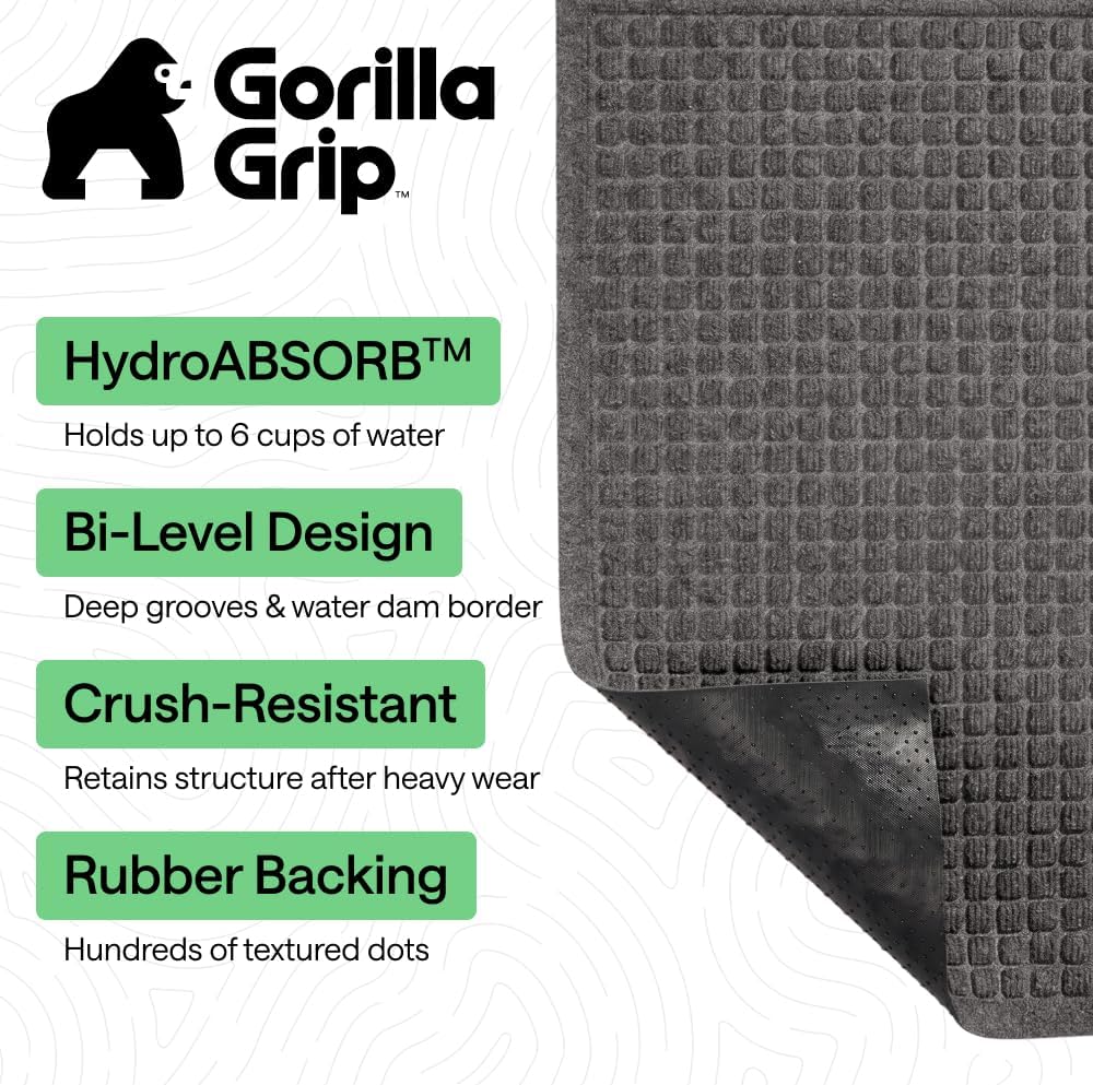 GORILLA GRIP® Ultra Absorbent Front Door Mat Outside Entrance, Traps Dirt and Moisture, HydroABSORB Indoor Outdoor Doormat Holds Up to 1.7 Cups Water, Stain and Fade Resistant Welcome Mat, 29x17 Black