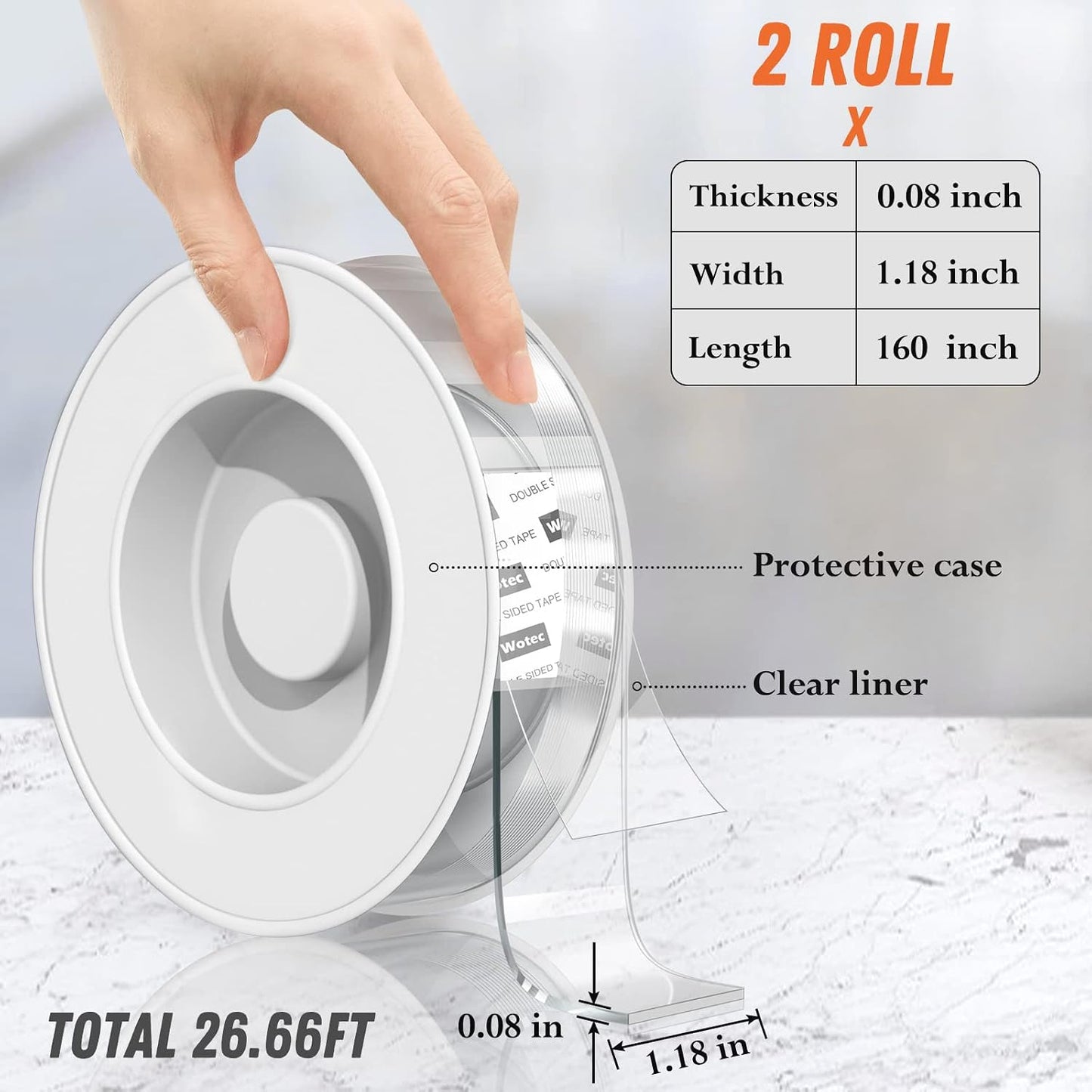 Wotec Extra Large Double Sided Tape Heavy Duty Removable 1.18 Inch x 160 Inch, Clear & Tough Nano Tape, Multipurpose Mounting Tape Picture Hanging Strips Adhesive for Poster Carpet