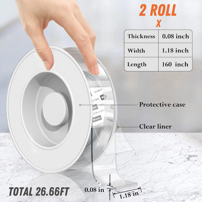 Wotec Extra Large Double Sided Tape Heavy Duty Removable 1.18 Inch x 160 Inch, Clear & Tough Nano Tape, Multipurpose Mounting Tape Picture Hanging Strips Adhesive for Poster Carpet