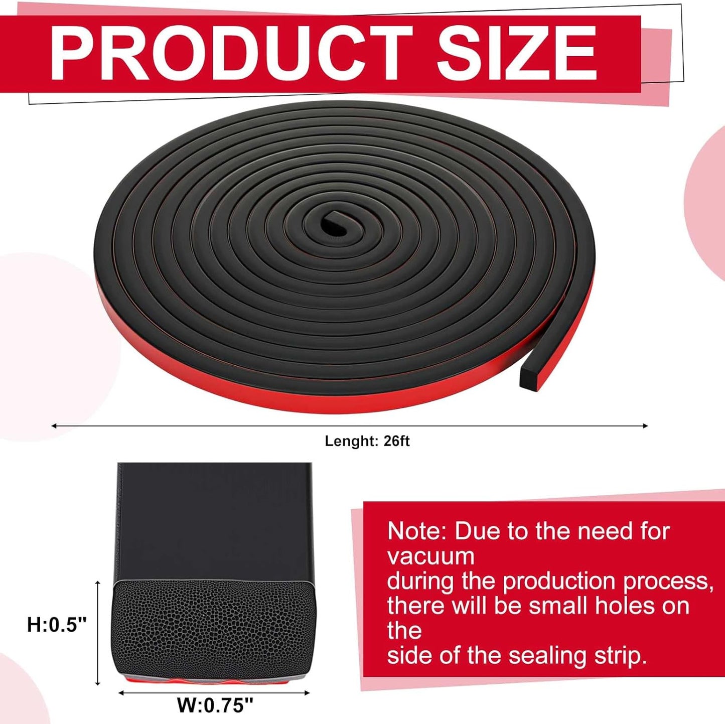 Pangda 20 Ft Rectangular Rubber Seal Strip with Self-Adhesive Tape, 1" W x 1/2" H Foam Rubber Weather Stripping for Boat, Automobile, RV, Ship, Garage Door/Window Seal, Black (Double Hole)