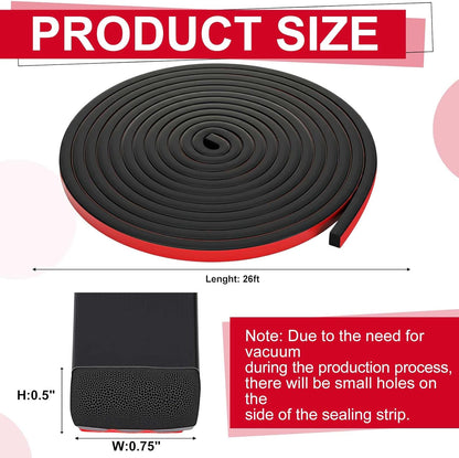 Pangda 20 Ft Rectangular Rubber Seal Strip with Self-Adhesive Tape, 1" W x 1/2" H Foam Rubber Weather Stripping for Boat, Automobile, RV, Ship, Garage Door/Window Seal, Black (Double Hole)