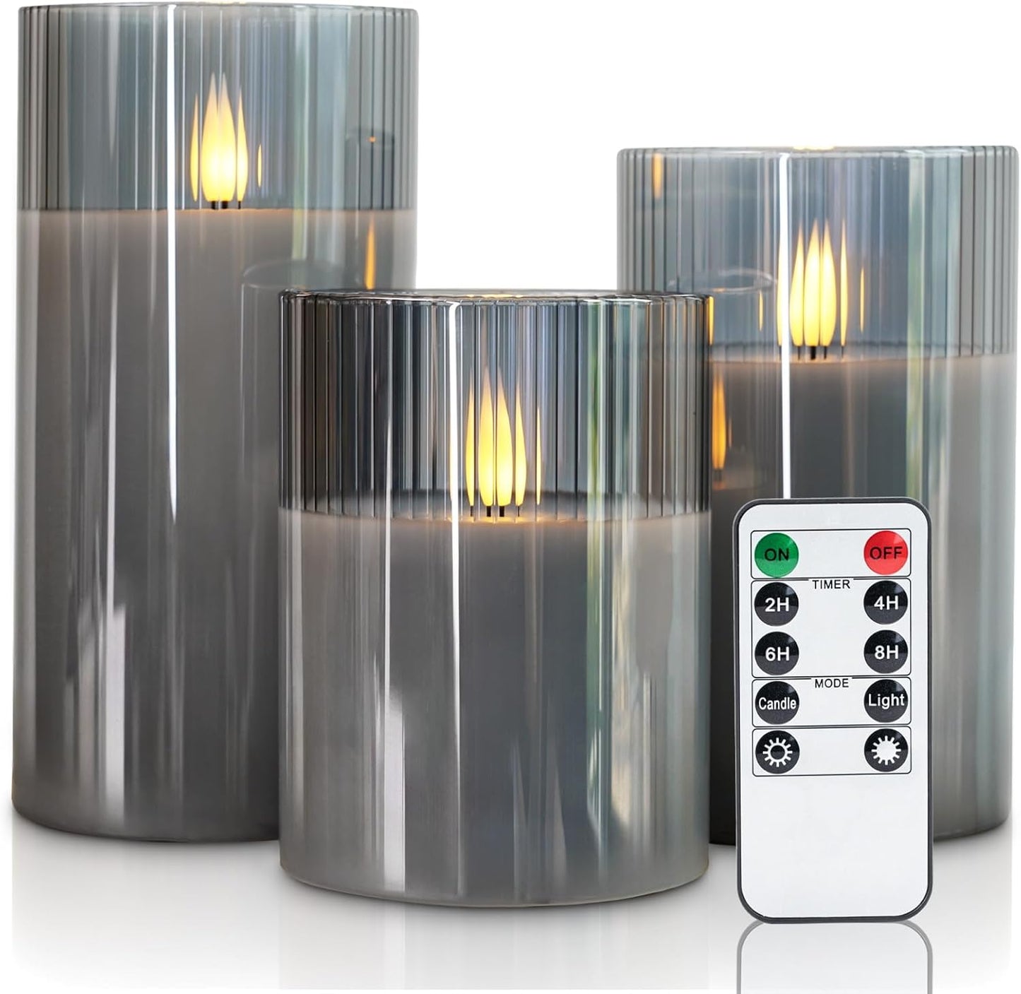 Amagic Clear Glass Flameless Candles Battery Operated with Timer, Remote Control, LED Pillar Candles, Battery Powered, Valentine's Day Decor, Pure White Wax, Set of 3