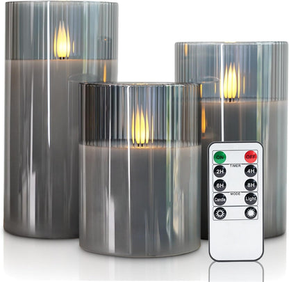 Amagic Clear Glass Flameless Candles Battery Operated with Timer, Remote Control, LED Pillar Candles, Battery Powered, Valentine's Day Decor, Pure White Wax, Set of 3