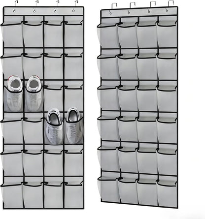 Meolsaek Over Door Shoe Organizer with 24 Breathable Mesh Pockets, Shoe Holder for Door with 4 Metal Hooks, Back of Door Shoe Organizer for Closet, Bedroom, Bathroom, Pantry (Grey - 24)