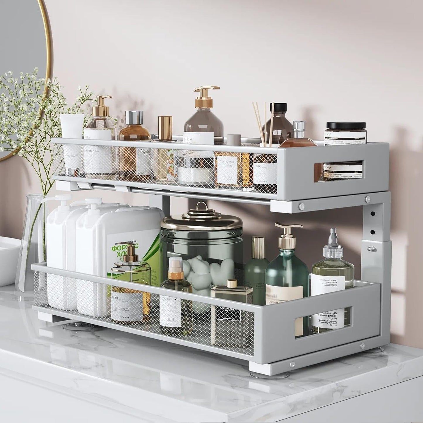 Under Sink Organizer, 2-Tier Dual Pull Out Cabinet Organizer Drawers With Smooth Circular Rail, Large Capacity Metal Mesh Sliding Shelves For Bathroom& Kitchen Storage,Height Adjustable–White,2 Packs