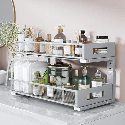 Under Sink Organizer, 2-Tier Dual Pull Out Cabinet Organizer Drawers With Smooth Circular Rail, Large Capacity Metal Mesh Sliding Shelves For Bathroom& Kitchen Storage,Height Adjustable–White,2 Packs