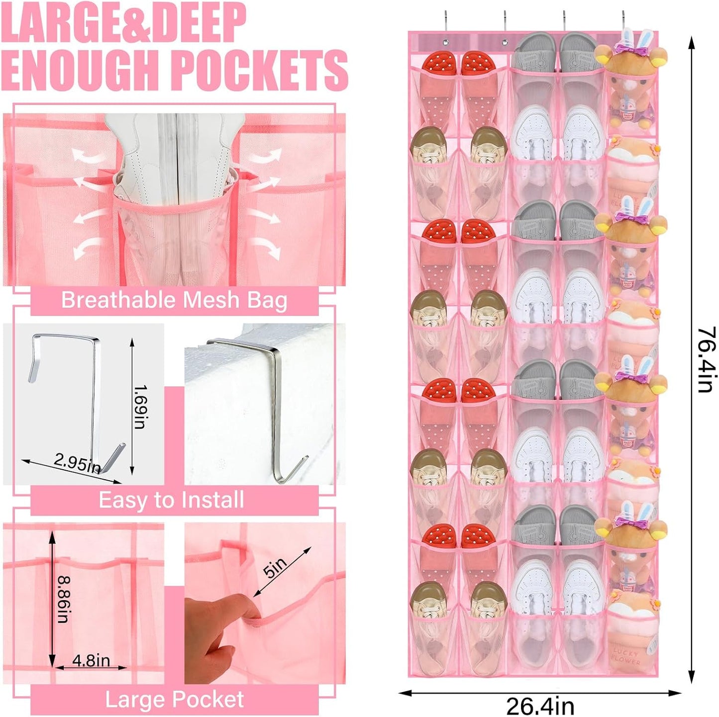 Windyun 40 Over The Door Shoe Organizer, Large Mesh Pocket Hanging Shoe Rack Hanger Large Capacity Gray Behind The Door Storage Holder for Dorm College Closet Entryway Bedroom Utility Room Women Men