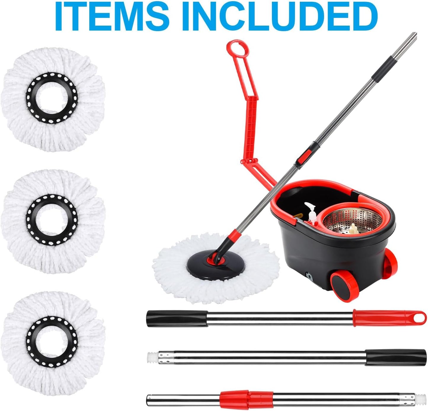 Spin Mop and Bucket with Wringer Set, 360° Rotating Head Mop Bucket System with 3 Microfiber Mop Refills Wet and Dry Suitable for Office and Home Use, Green (Black-Plus)