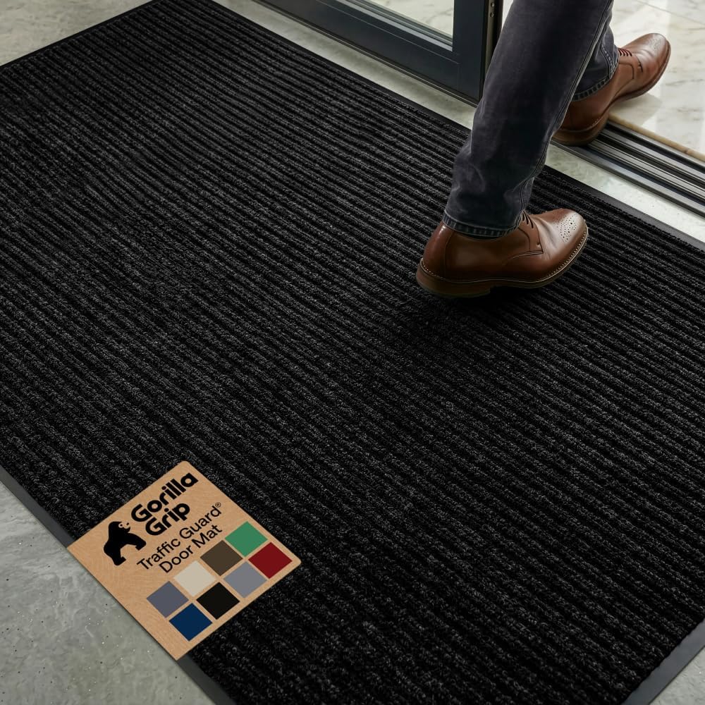 GORILLA GRIP Waterproof Traffic Guard Door Mat, Heavy Duty Entryway Mats, Strong Backing Commercial Utility Rugs for Office Hallway, Garage Floor and Home, Low Profile Carpet Runner, 29x17, Black